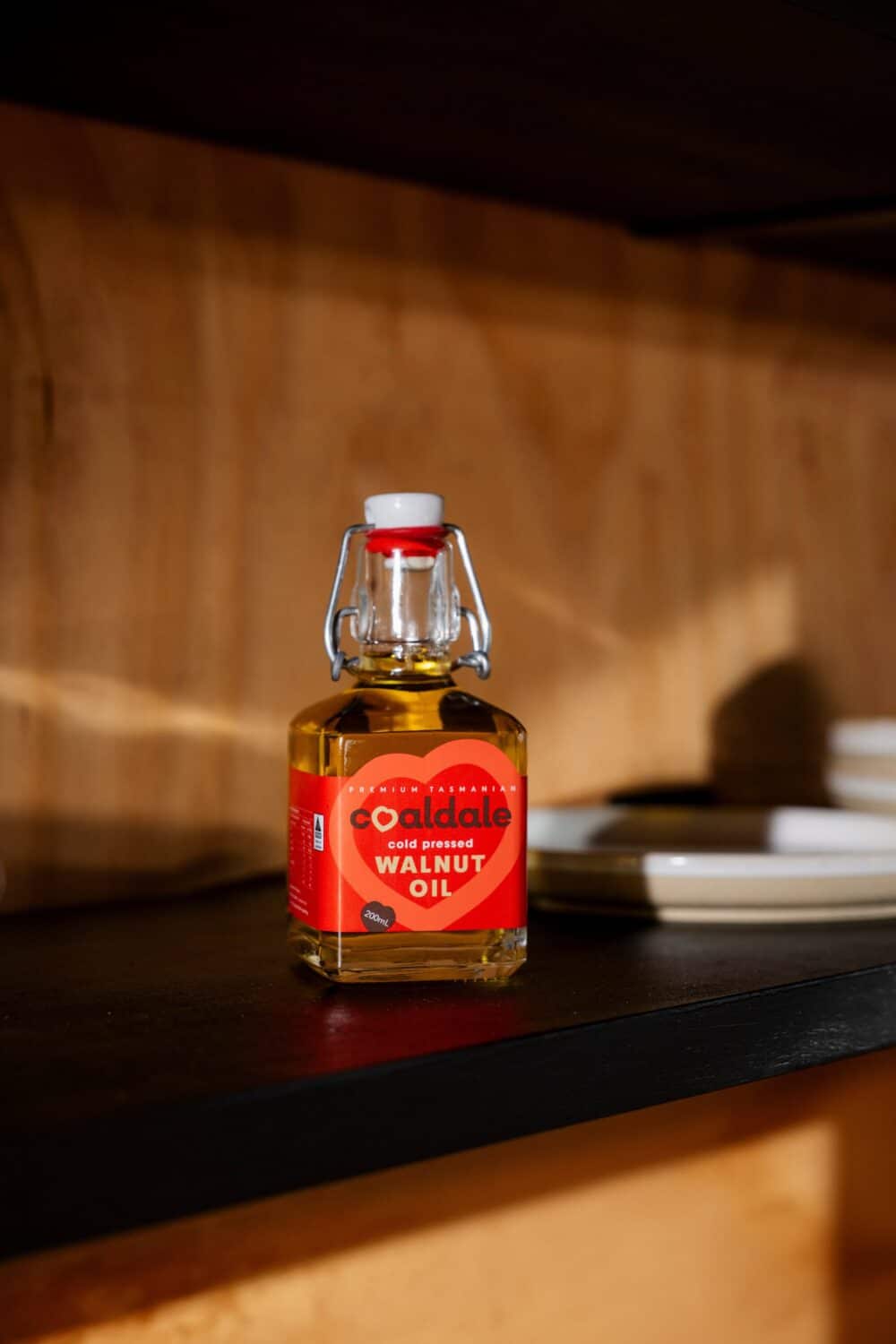 Walnut oil sitting on bench