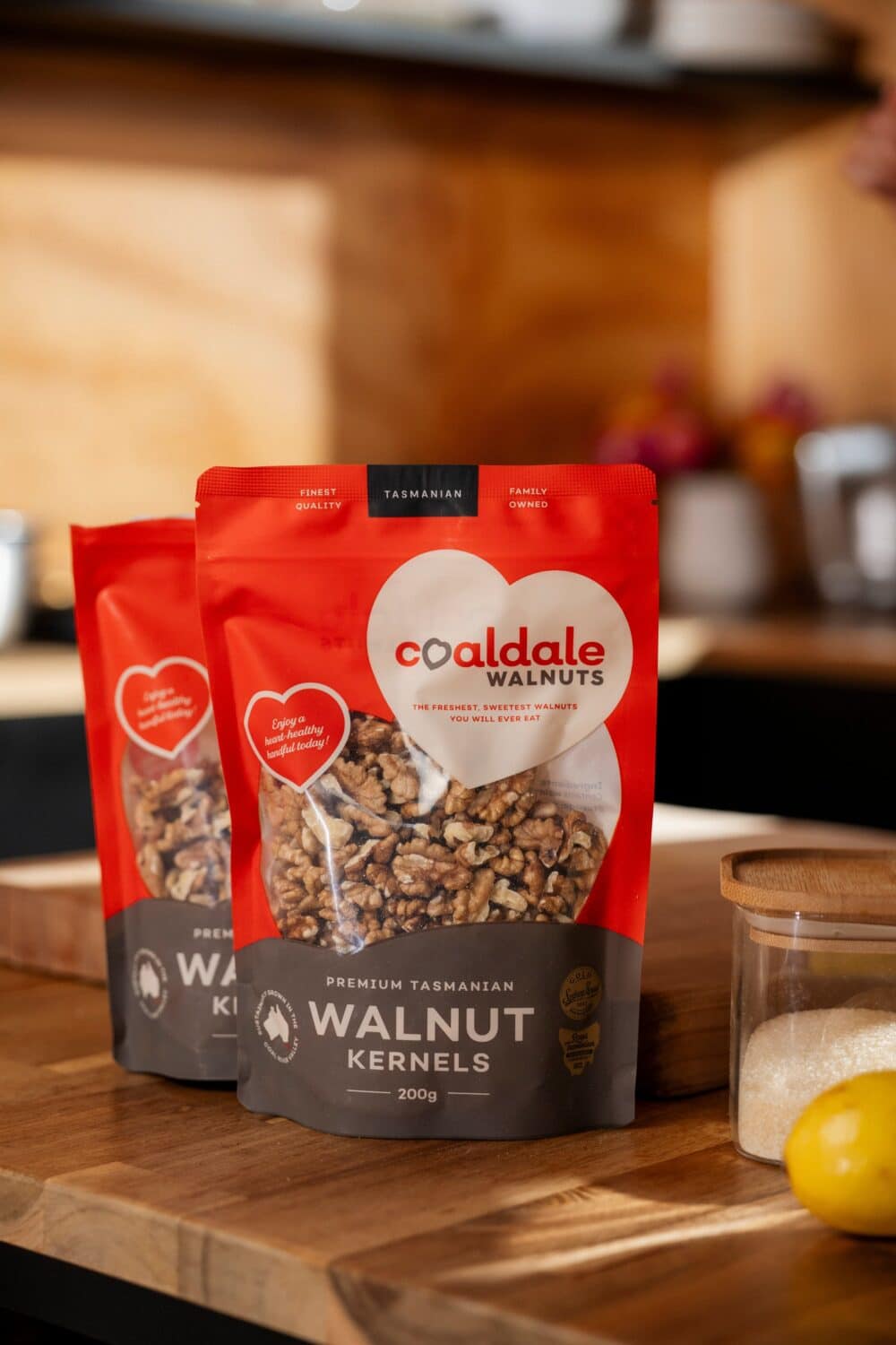 Two walnut kernel pouches sitting on table
