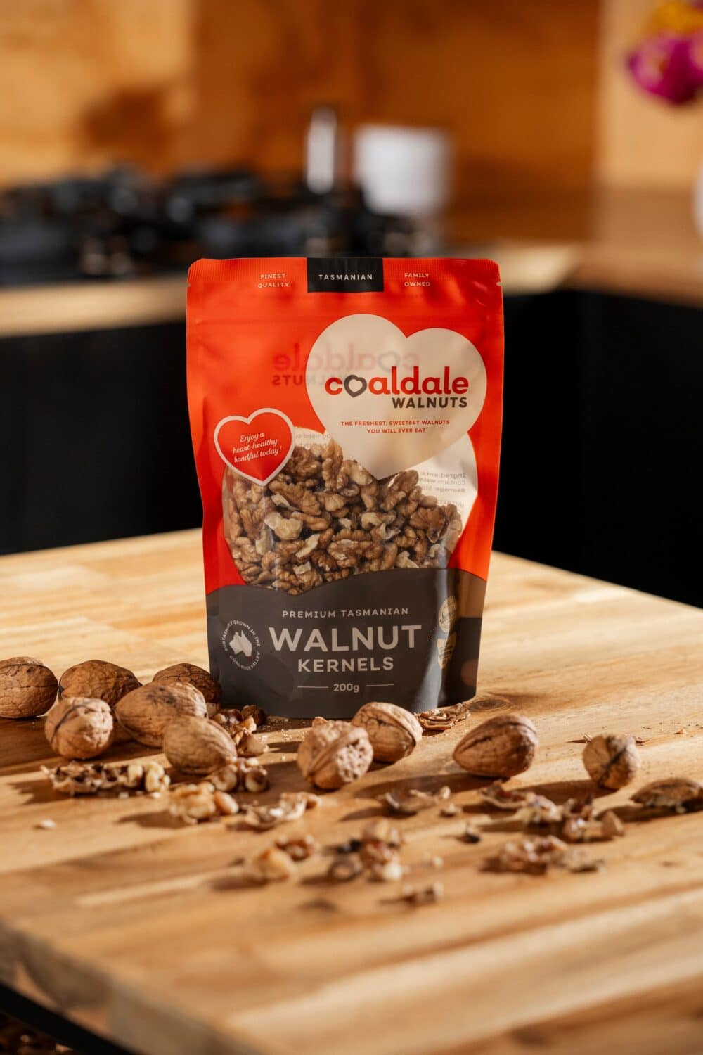 Walnut kernel pouch sitting on table