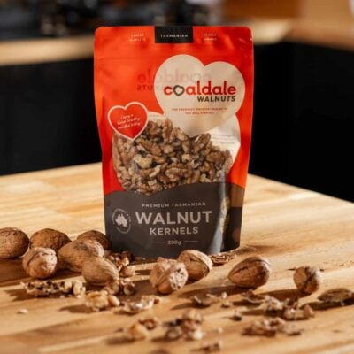 Walnut kernel pouch sitting on table