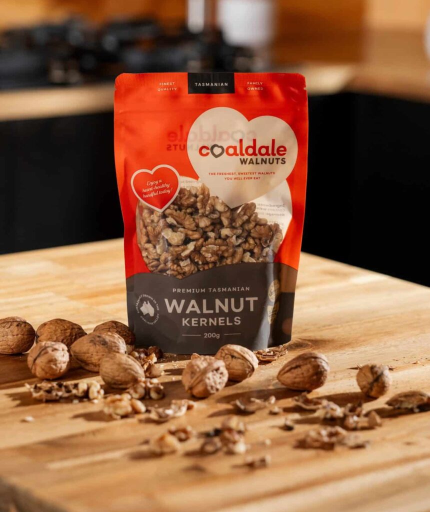 Walnut kernel pouch sitting on table